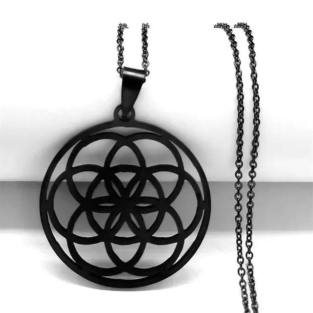 Flower of Life Stainless Steel Mandala Metatron Necklaces Sacred Geometry Long Black Bead Necklace Jewelry - ALL TRENDY STUFF