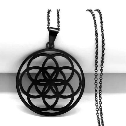 Flower of Life Stainless Steel Mandala Metatron Necklaces Sacred Geometry Long Black Bead Necklace Jewelry - ALL TRENDY STUFF