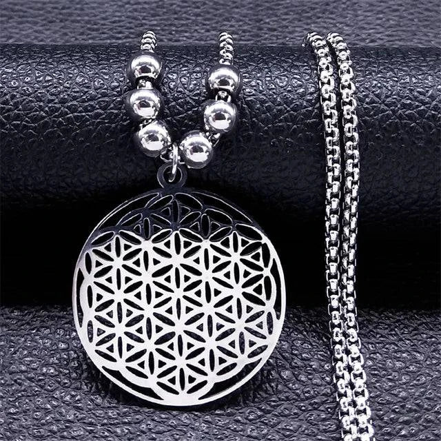 Flower of Life Stainless Steel Mandala Metatron Necklaces Sacred Geometry Long Black Bead Necklace Jewelry - ALL TRENDY STUFF