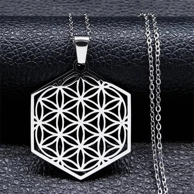 Flower of Life Stainless Steel Mandala Metatron Necklaces Sacred Geometry Long Black Bead Necklace Jewelry - ALL TRENDY STUFF