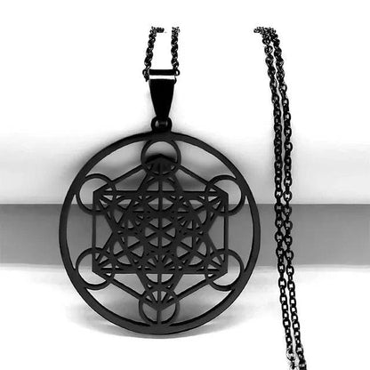 Flower of Life Stainless Steel Mandala Metatron Necklaces Sacred Geometry Long Black Bead Necklace Jewelry - ALL TRENDY STUFF