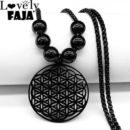 Flower of Life Stainless Steel Mandala Metatron Necklaces Sacred Geometry Long Black Bead Necklace Jewelry - ALL TRENDY STUFF