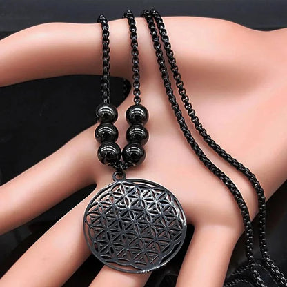 Flower of Life Stainless Steel Mandala Metatron Necklaces Sacred Geometry Long Black Bead Necklace Jewelry - ALL TRENDY STUFF