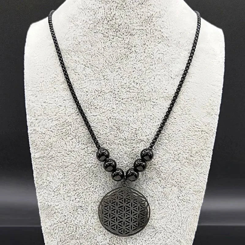 Flower of Life Stainless Steel Mandala Metatron Necklaces Sacred Geometry Long Black Bead Necklace Jewelry - ALL TRENDY STUFF