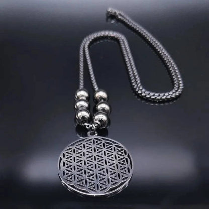 Flower of Life Stainless Steel Mandala Metatron Necklaces Sacred Geometry Long Black Bead Necklace Jewelry - ALL TRENDY STUFF