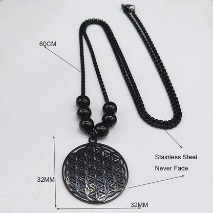 Flower of Life Stainless Steel Mandala Metatron Necklaces Sacred Geometry Long Black Bead Necklace Jewelry - ALL TRENDY STUFF