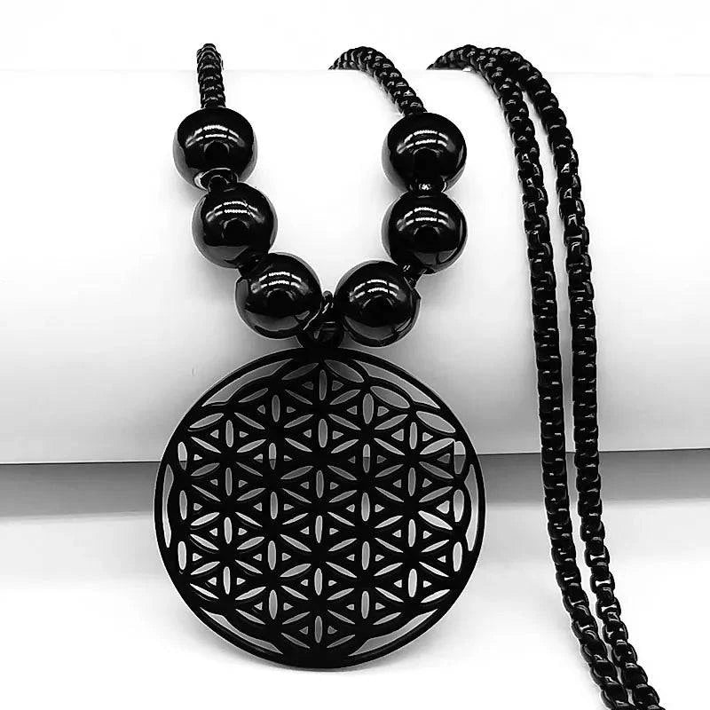 Flower of Life Stainless Steel Mandala Metatron Necklaces Sacred Geometry Long Black Bead Necklace Jewelry - ALL TRENDY STUFF