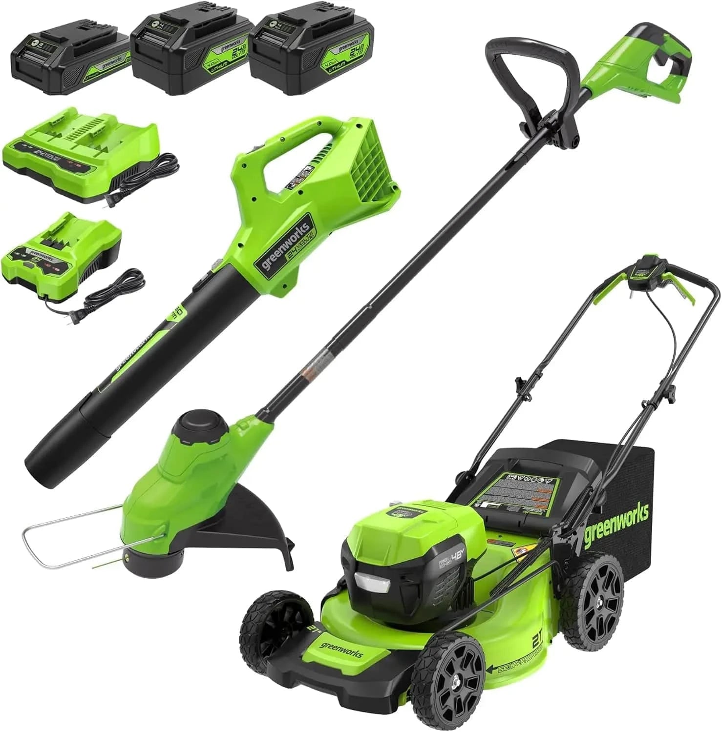 48V (2x24V) 21" Cordless Battery Self-Propelled Mower 10" String Trimmer 320 CFM Blower Combo Kit w/ (2) 5.0Ah Batteries - ALL TRENDY STUFF