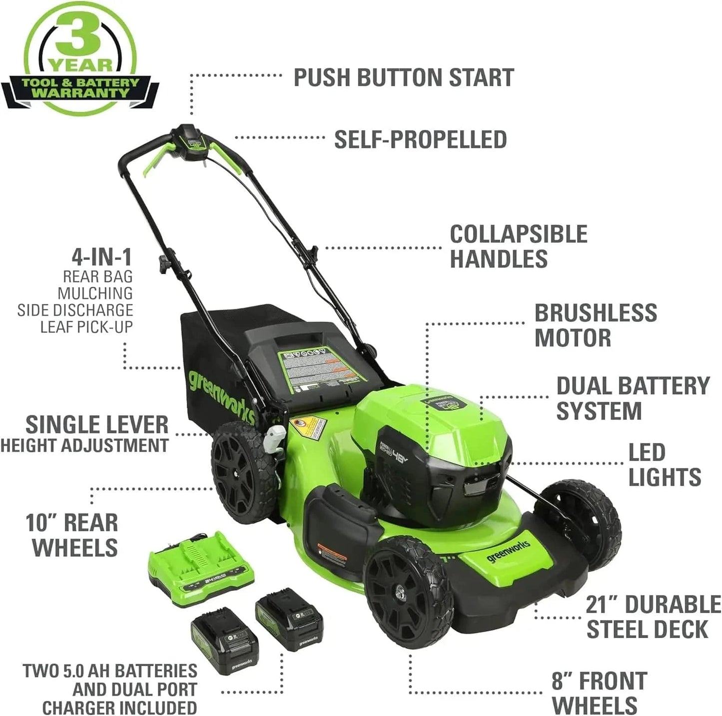 48V (2x24V) 21" Cordless Battery Self-Propelled Mower 10" String Trimmer 320 CFM Blower Combo Kit w/ (2) 5.0Ah Batteries - ALL TRENDY STUFF