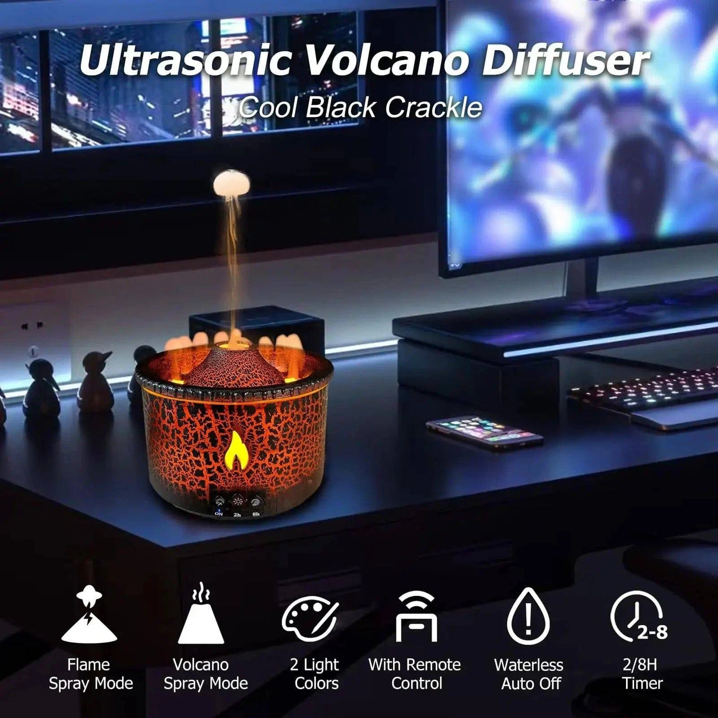 Essential Oil Diffuser Humidifier Aroma Diffuser Aromatherapy Volcano Humidifier with Flame & Volcano Mist Mode 2 Colors Timer