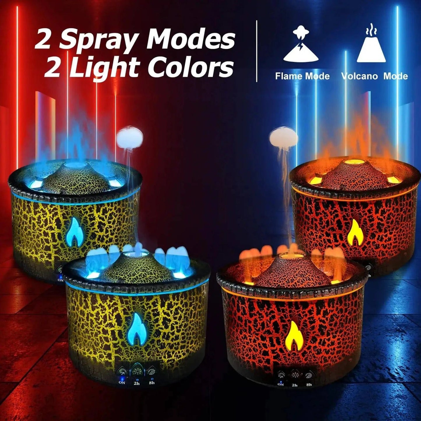 Essential Oil Diffuser Humidifier Aroma Diffuser Aromatherapy Volcano Humidifier with Flame & Volcano Mist Mode 2 Colors Timer