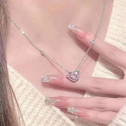 Fashion Pink Planet Heart Zircon Necklace Women Charm Aesthetic Clavicle Chain Necklace Valentines Day Gift Party Jewelry - ALL TRENDY STUFF