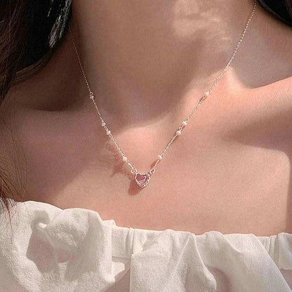 Fashion Pink Planet Heart Zircon Necklace Women Charm Aesthetic Clavicle Chain Necklace Valentines Day Gift Party Jewelry - ALL TRENDY STUFF