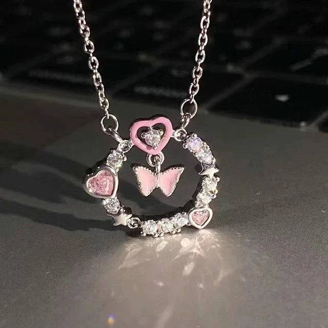 Fashion Pink Planet Heart Zircon Necklace Women Charm Aesthetic Clavicle Chain Necklace Valentines Day Gift Party Jewelry - ALL TRENDY STUFF