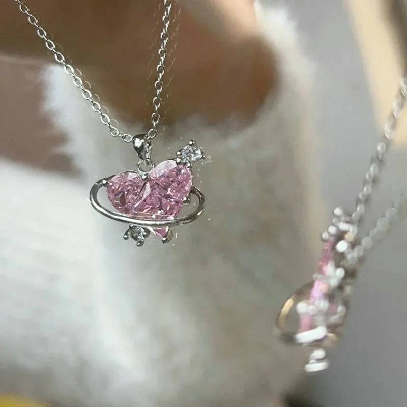 Fashion Pink Planet Heart Zircon Necklace Women Charm Aesthetic Clavicle Chain Necklace Valentines Day Gift Party Jewelry - ALL TRENDY STUFF