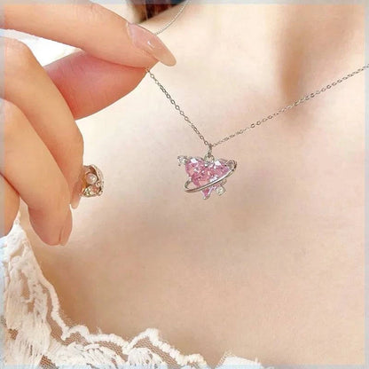 Fashion Pink Planet Heart Zircon Necklace Women Charm Aesthetic Clavicle Chain Necklace Valentines Day Gift Party Jewelry - ALL TRENDY STUFF