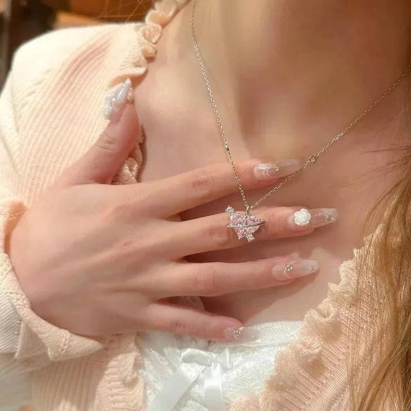 Fashion Pink Planet Heart Zircon Necklace Women Charm Aesthetic Clavicle Chain Necklace Valentines Day Gift Party Jewelry - ALL TRENDY STUFF