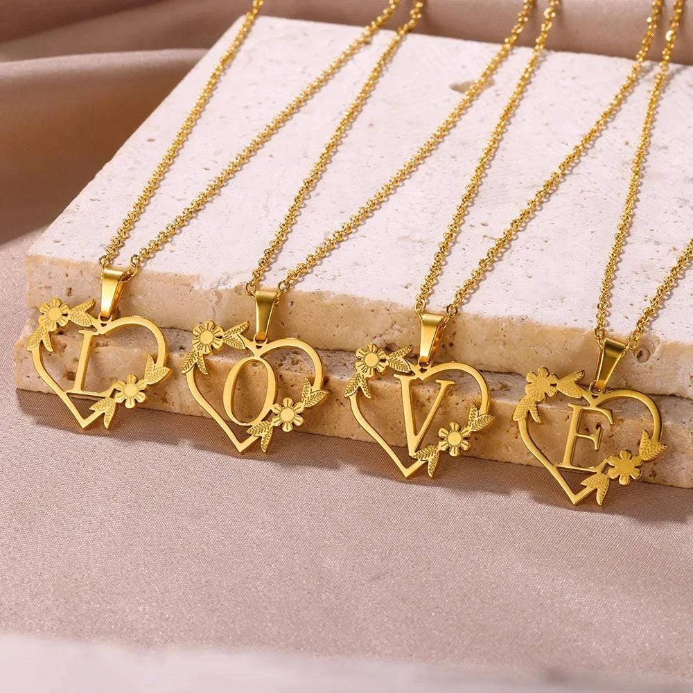 Gold Color Dainty Flower Initials Necklace Women Girl Stainless Steel Heart Letter Choker Necklace Best Gifts Alphabet Jewelry - ALL TRENDY STUFF