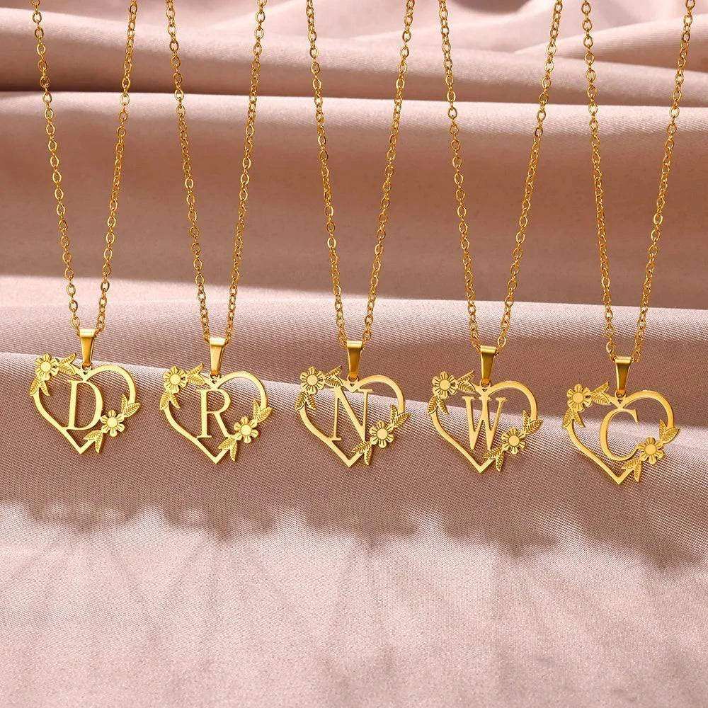 Gold Color Dainty Flower Initials Necklace Women Girl Stainless Steel Heart Letter Choker Necklace Best Gifts Alphabet Jewelry - ALL TRENDY STUFF