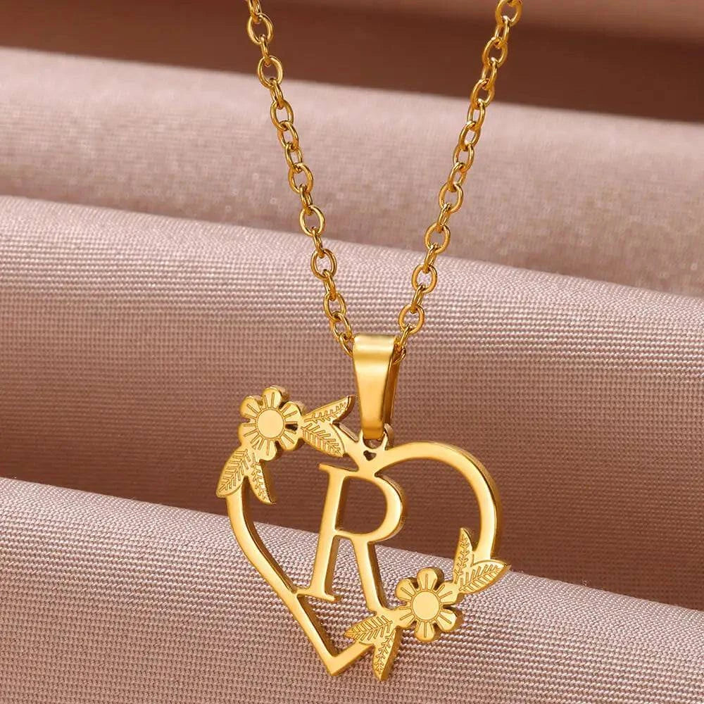 Gold Color Dainty Flower Initials Necklace Women Girl Stainless Steel Heart Letter Choker Necklace Best Gifts Alphabet Jewelry - ALL TRENDY STUFF