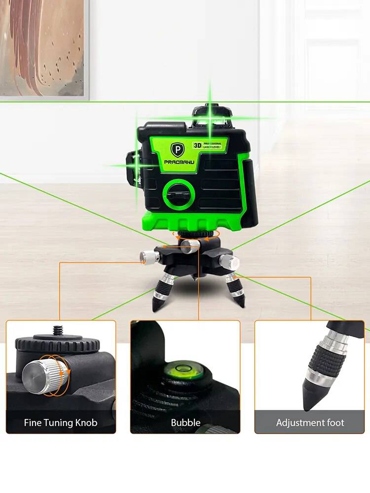 Pracmanu Laser Level 12 Lines 3D level Self-Leveling Horizontal and Vertical Cross Super Powerful Green Laser Beams - ALL TRENDY STUFF