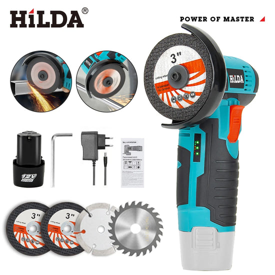 HILDA 12V Miniature Rechargeable Mini Angle Grinder with Battery Cutting Blade Polishing Grinder for Cutting Diamond Cordless