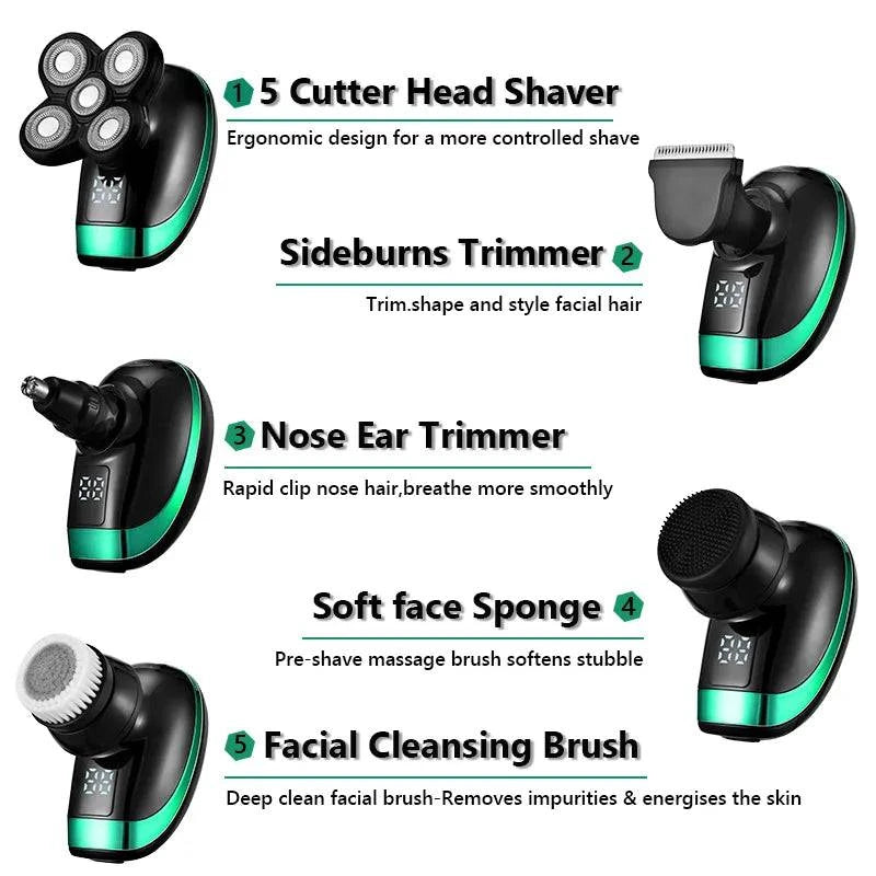 5 In 1 4D Men's Rechargeable Bald Head Electric Shaver 5 Floating Heads Beard Nose Ear Hair Trimmer Razor Clipper Facial Brush - ALL TRENDY STUFF