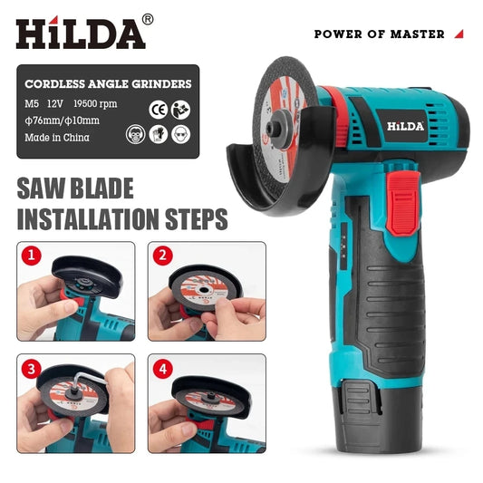 HILDA 12V Miniature Rechargeable Mini Angle Grinder with Battery Cutting Blade Polishing Grinder for Cutting Diamond Cordless