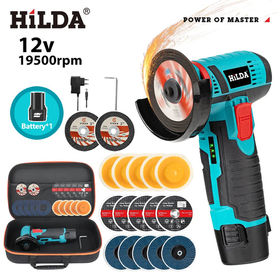 HILDA 12V Miniature Rechargeable Mini Angle Grinder with Battery Cutting Blade Polishing Grinder for Cutting Diamond Cordless