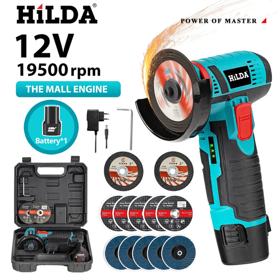 HILDA 12V Miniature Rechargeable Mini Angle Grinder with Battery Cutting Blade Polishing Grinder for Cutting Diamond Cordless