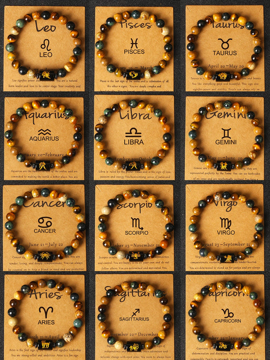 12 Zodiac Signs Constellation Charm Bracelet Men Women Fashion Tiger Eye Stone Beaded Bracelets Virgo Leo Libra Couple Jewelry