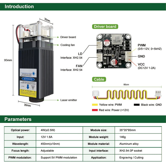 LASER TREE 20W/10W/5W/4W Laser Head For CNC Engraver Wood Cutting DIY Laser Tools 450nm TTL/ PWM Blue Light Laser Module