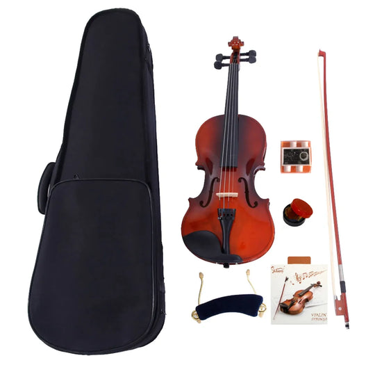 GV100 4/4 Acoustic Violin Case Bow Rosin Strings Tuner Shoulder Rest Natural