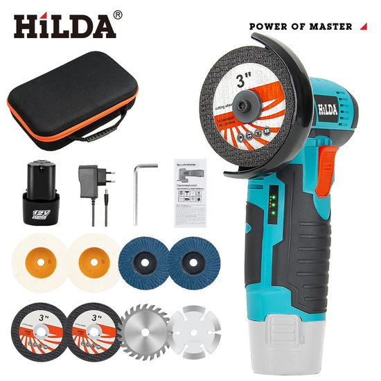 HILDA 12V Miniature Rechargeable Mini Angle Grinder with Battery Cutting Blade Polishing Grinder for Cutting Diamond Cordless