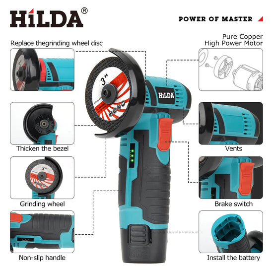 HILDA 12V Miniature Rechargeable Mini Angle Grinder with Battery Cutting Blade Polishing Grinder for Cutting Diamond Cordless