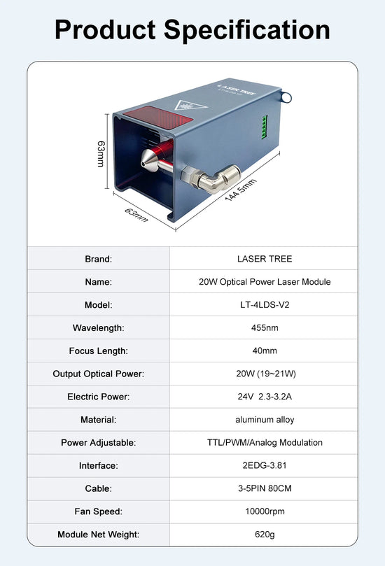 LASER TREE 20W/10W/5W/4W Laser Head For CNC Engraver Wood Cutting DIY Laser Tools 450nm TTL/ PWM Blue Light Laser Module